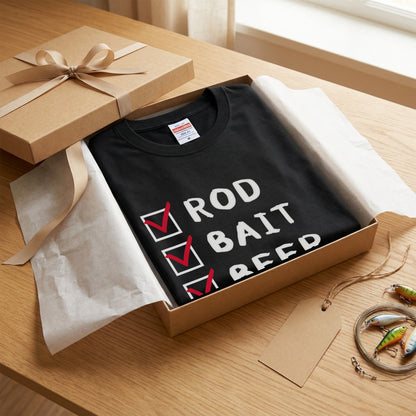 【ROD, BAIT, BEER, FISH, STORY】おもしろ 釣りチェックリスト黒Tシャツ | CASTMODE