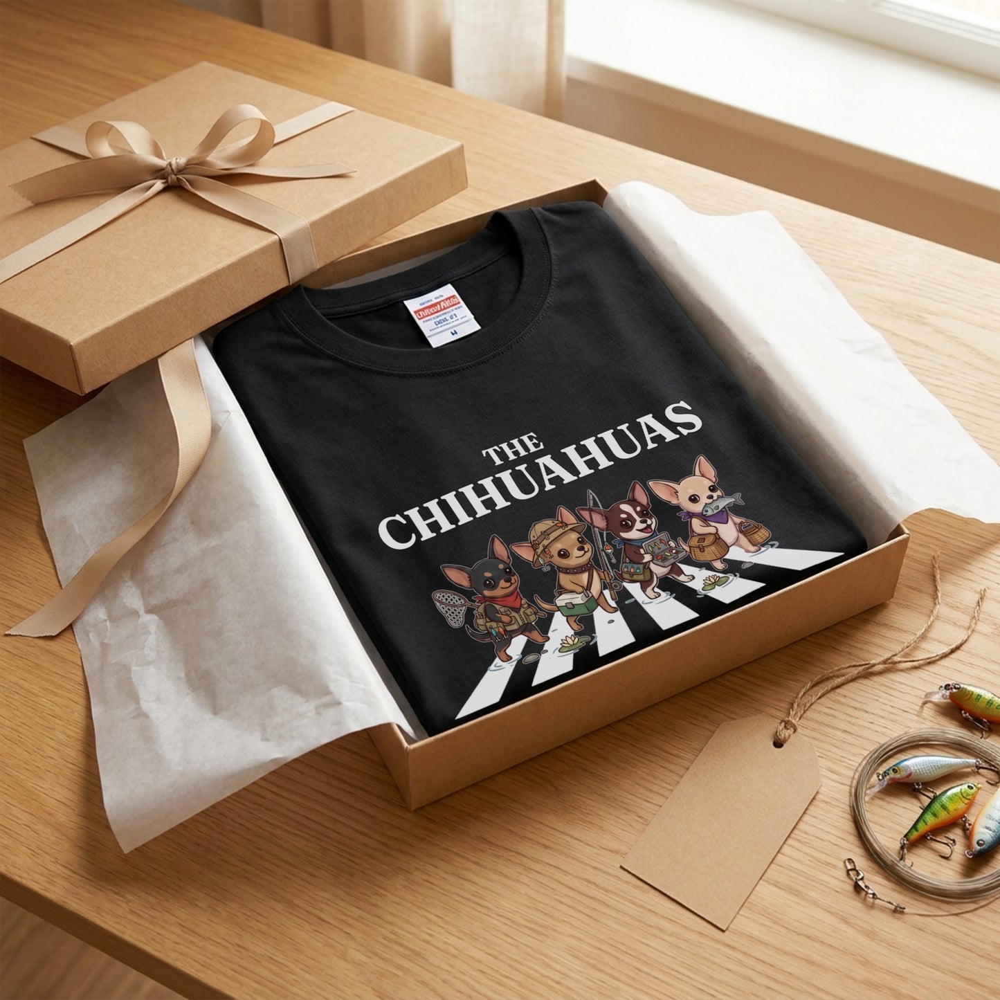 THE CHIHUAHUAS | 横断歩道 ゆるかわ チワワ フィッシング パロディTシャツ【愛犬家・釣り好き・アウトドア・ギフトに最適】