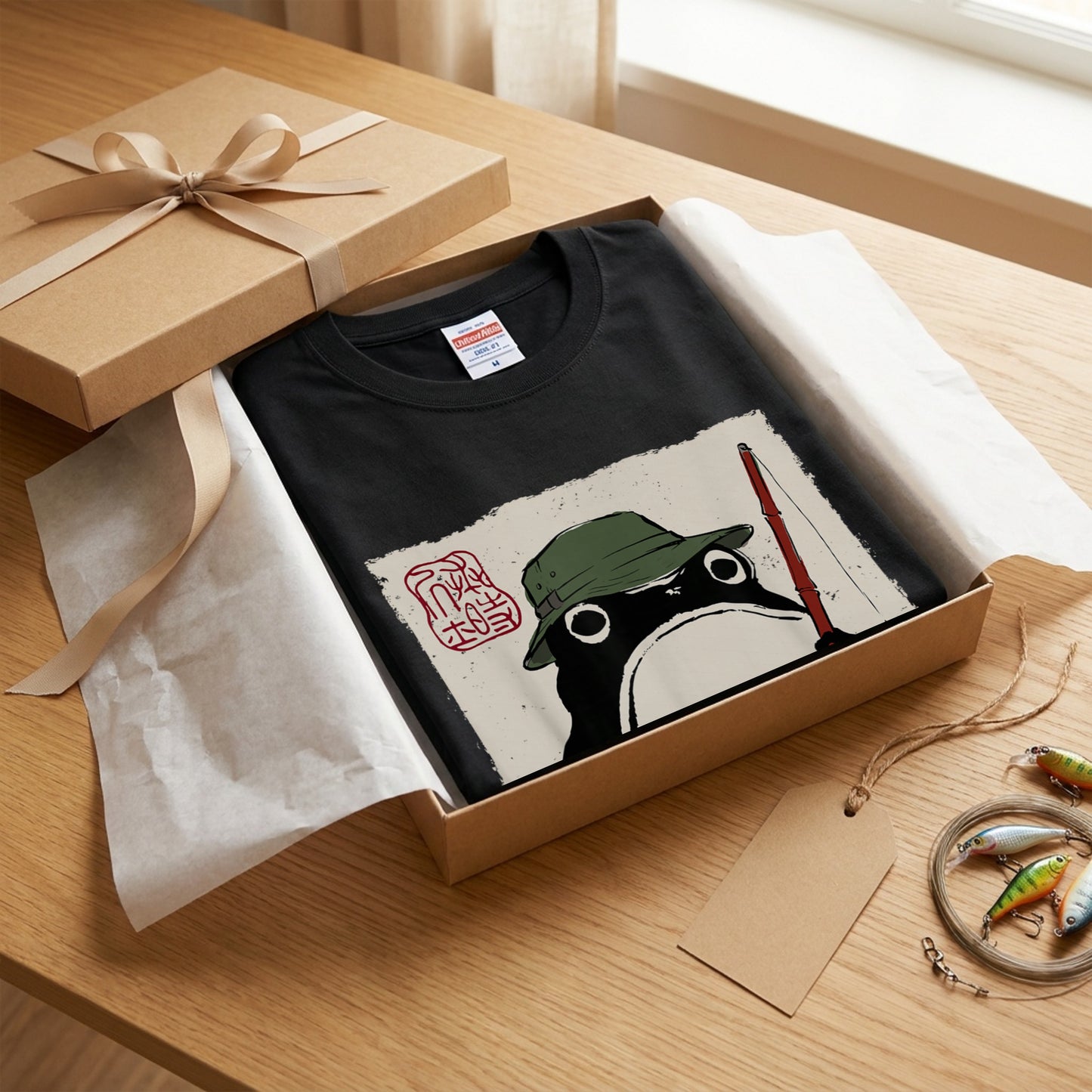 「Japanese Frog Angler」和モダン カエル絵図 Tシャツ