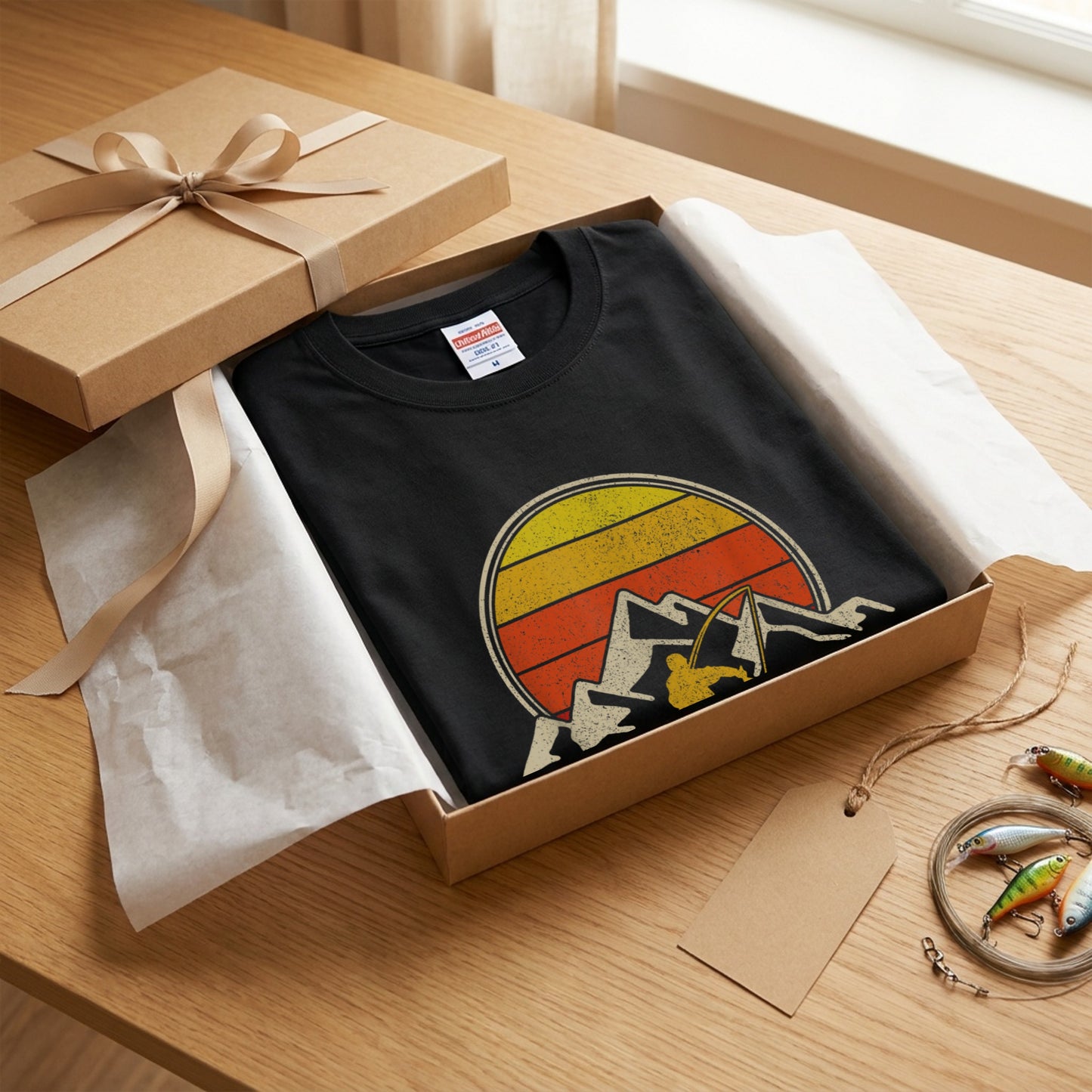 【ヴィンテージ風】山脈×サンセット 渓流釣り アングラー アート黒Tシャツ | CASTMODE