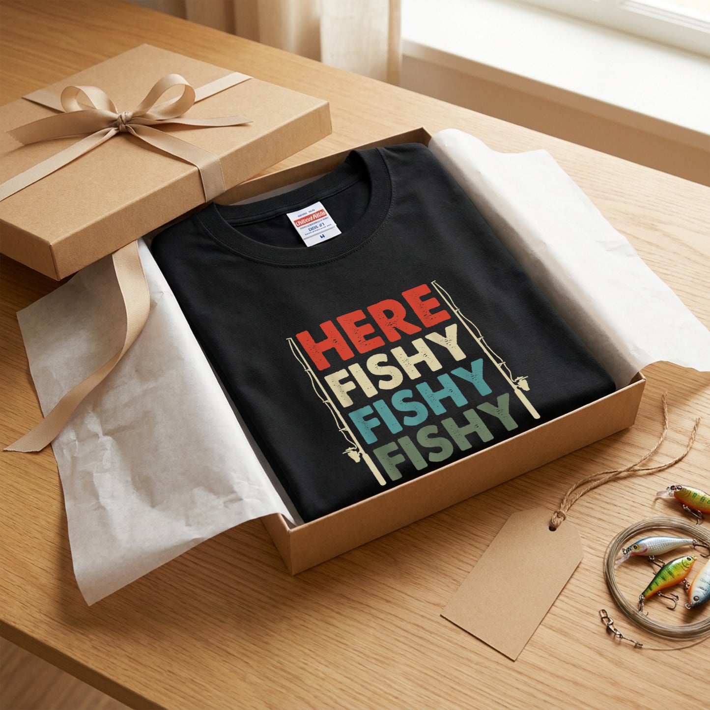 「HERE FISHY FISHY FISHY」釣り Tシャツ - ヴィンテージ ロッド イラスト | 釣り 服 | CASTMODE