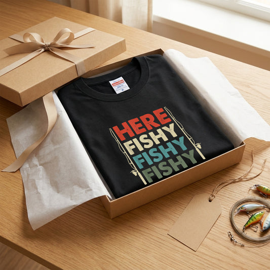「HERE FISHY FISHY FISHY」釣り Tシャツ - ヴィンテージ ロッド イラスト | 釣り 服 | CASTMODE