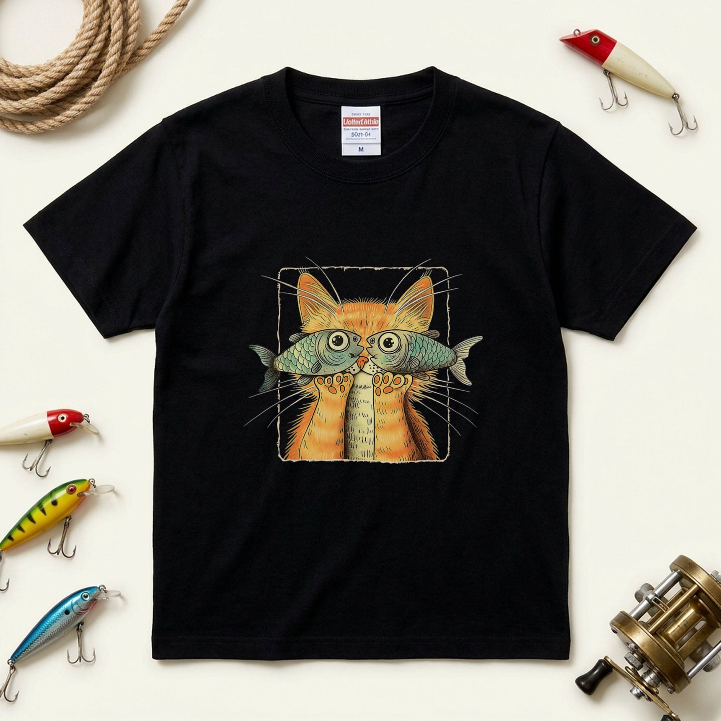 【魚メガネ茶トラ猫】シュールで可愛いお魚メガネ猫 イラスト黒Tシャツ | CASTMODE