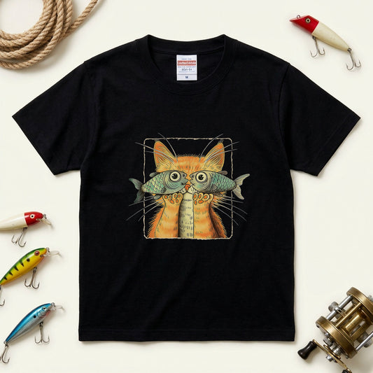 【魚メガネ茶トラ猫】シュールで可愛いお魚メガネ猫 イラスト黒Tシャツ | CASTMODE