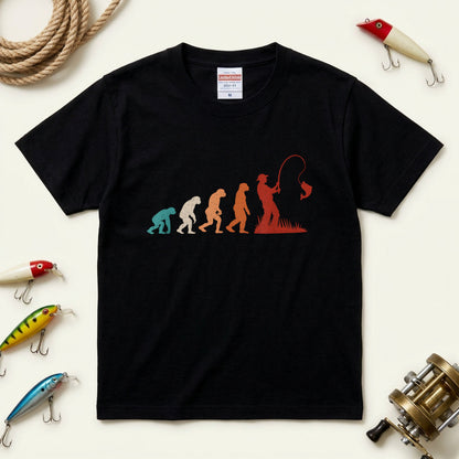 人類の進化（エボリューション）釣り人 レトログラデーション黒Tシャツ | CASTMODE