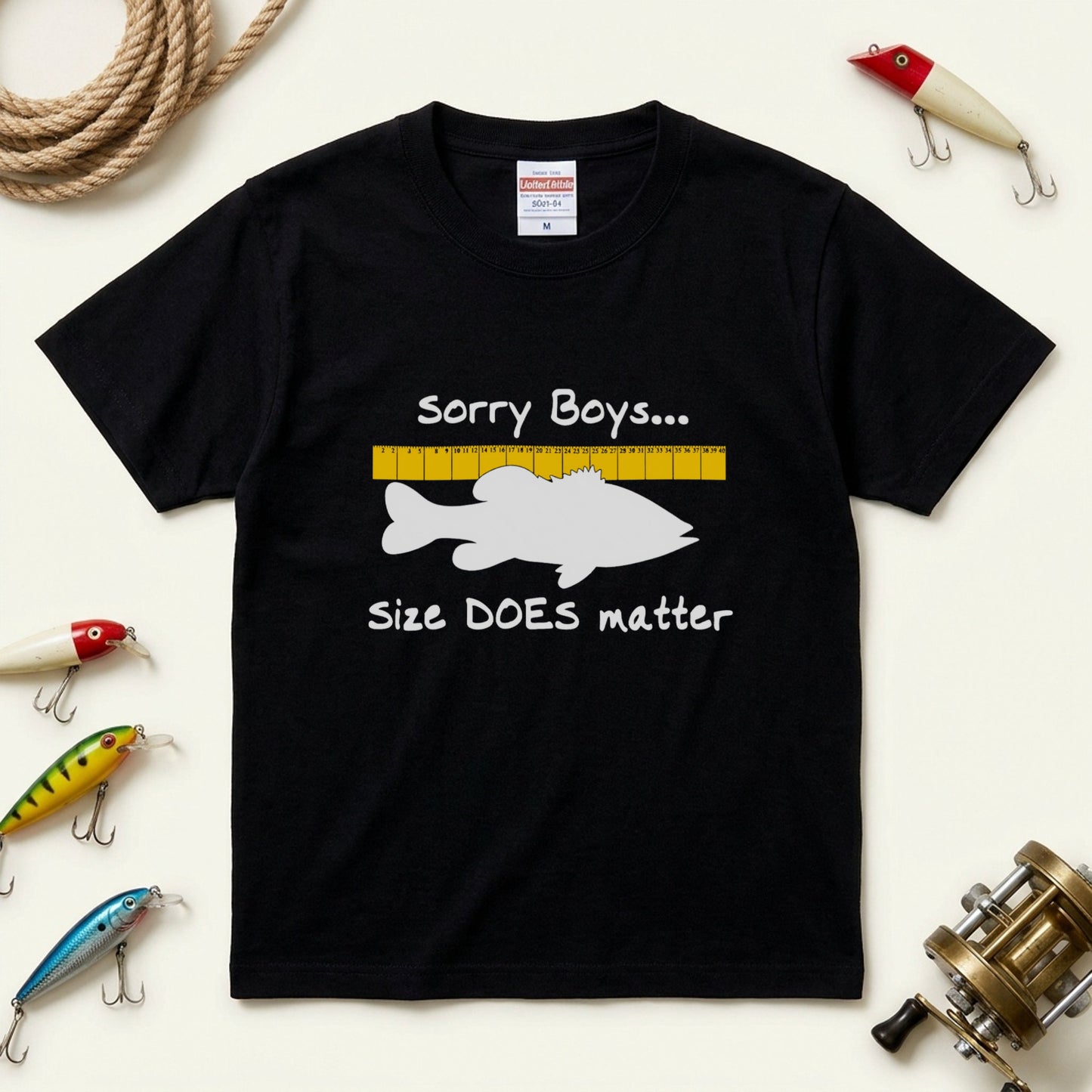 【Sorry Boys... Size DOES matter】おもしろ 釣りジョーク黒Tシャツ | CASTMODE