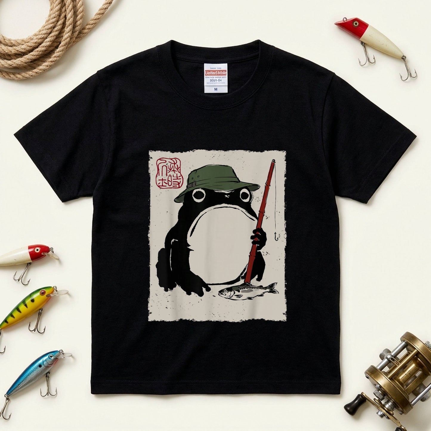 「Japanese Frog Angler」和モダン カエル絵図 Tシャツ