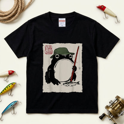 「Japanese Frog Angler」和モダン カエル絵図 Tシャツ