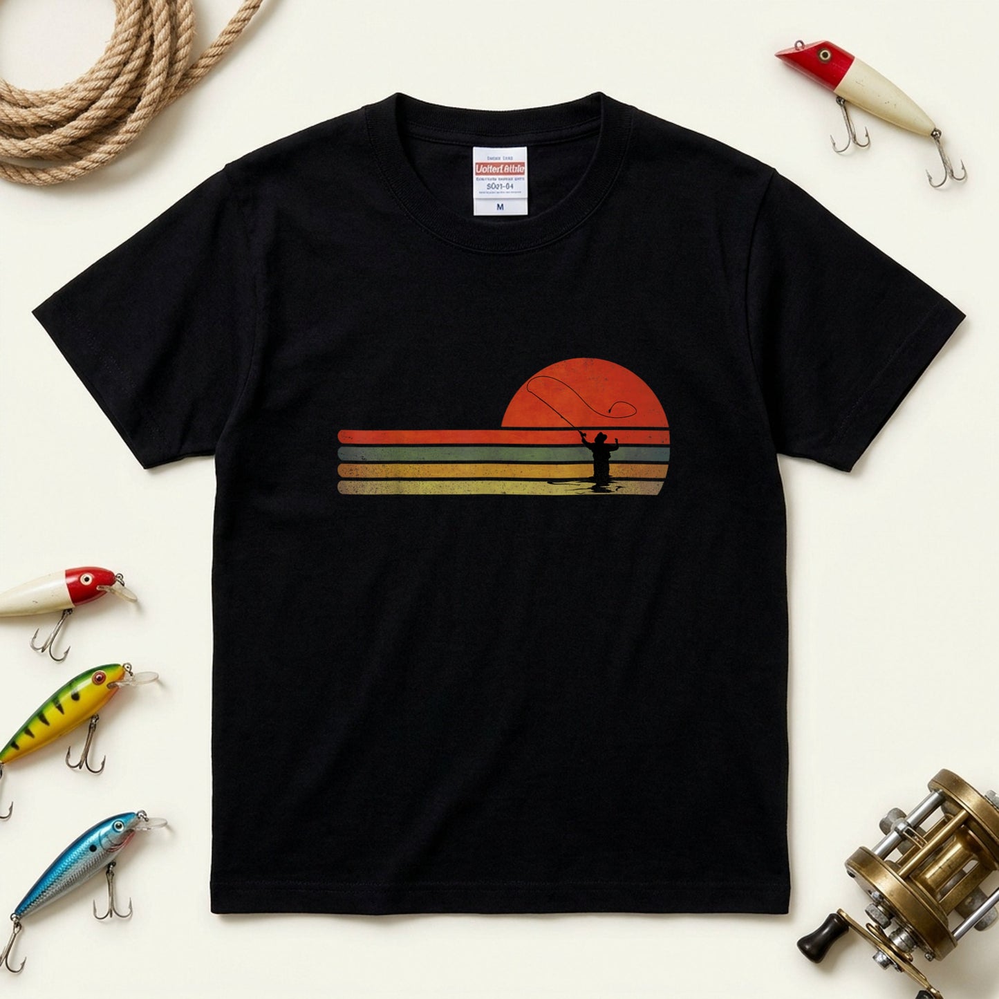 【70sレトロサンセット】ボーダーライン×フライフィッシング黒Tシャツ | CASTMODE