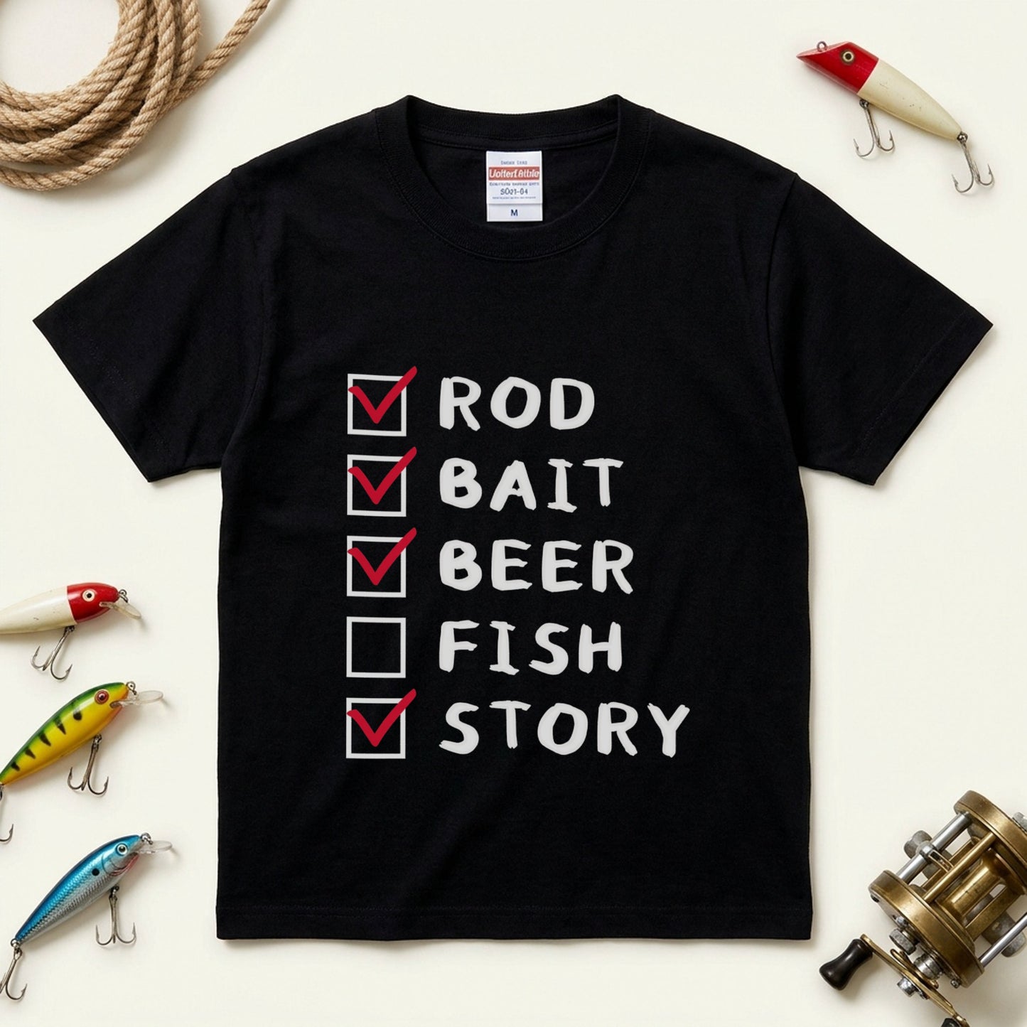 【ROD, BAIT, BEER, FISH, STORY】おもしろ 釣りチェックリスト黒Tシャツ | CASTMODE