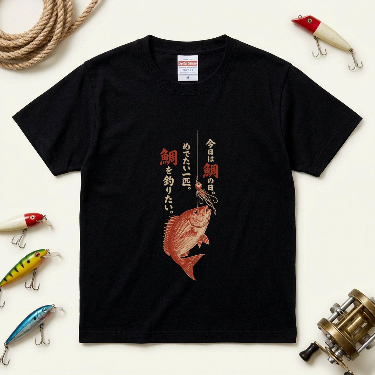 めでたい一匹 | 鯛釣り 筆文字デザイン 鯛ラバ仕掛け 和風 魚グラフィック Tシャツ【釣りウェア・アウトドア・普段着・オシャレ・ギフトに最適】