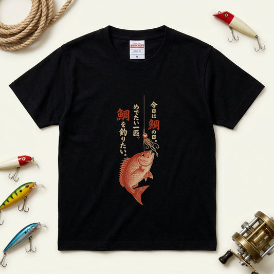 めでたい一匹 | 鯛釣り 筆文字デザイン 鯛ラバ仕掛け 和風 魚グラフィック Tシャツ【釣りウェア・アウトドア・普段着・オシャレ・ギフトに最適】
