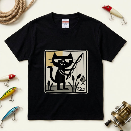 【レトロ黒猫×釣り】ミッドセンチュリー風 黒猫フィッシング アート黒Tシャツ | CASTMODE