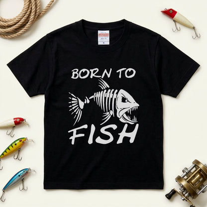 「BORN TO FISH」フィッシュスカル（魚骨）ストリート風黒Tシャツ | CASTMODE