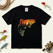 【トラウト×森林サンセット】二重露光風 ネイチャーアート黒Tシャツ | CASTMODE