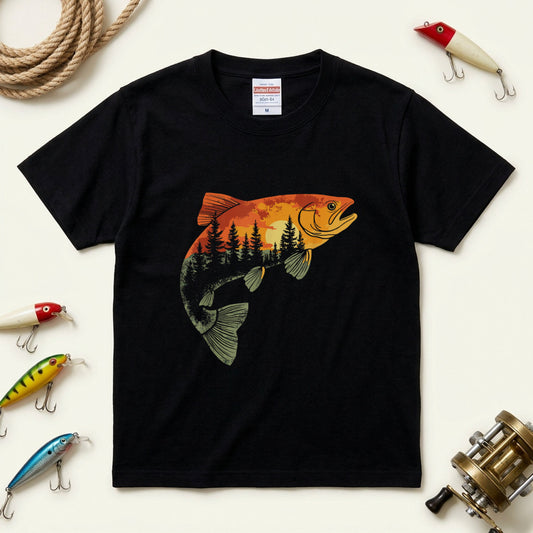 【トラウト×森林サンセット】二重露光風 ネイチャーアート黒Tシャツ | CASTMODE