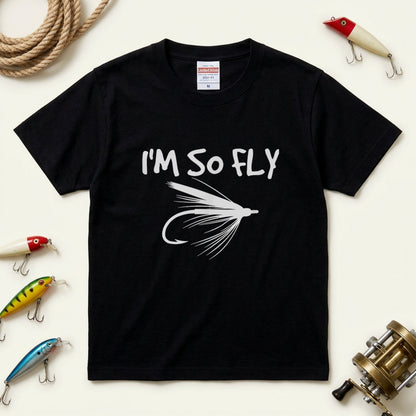【I'M SO FLY】フライフィッシング 毛鉤（フライ）イラスト黒Tシャツ | CASTMODE