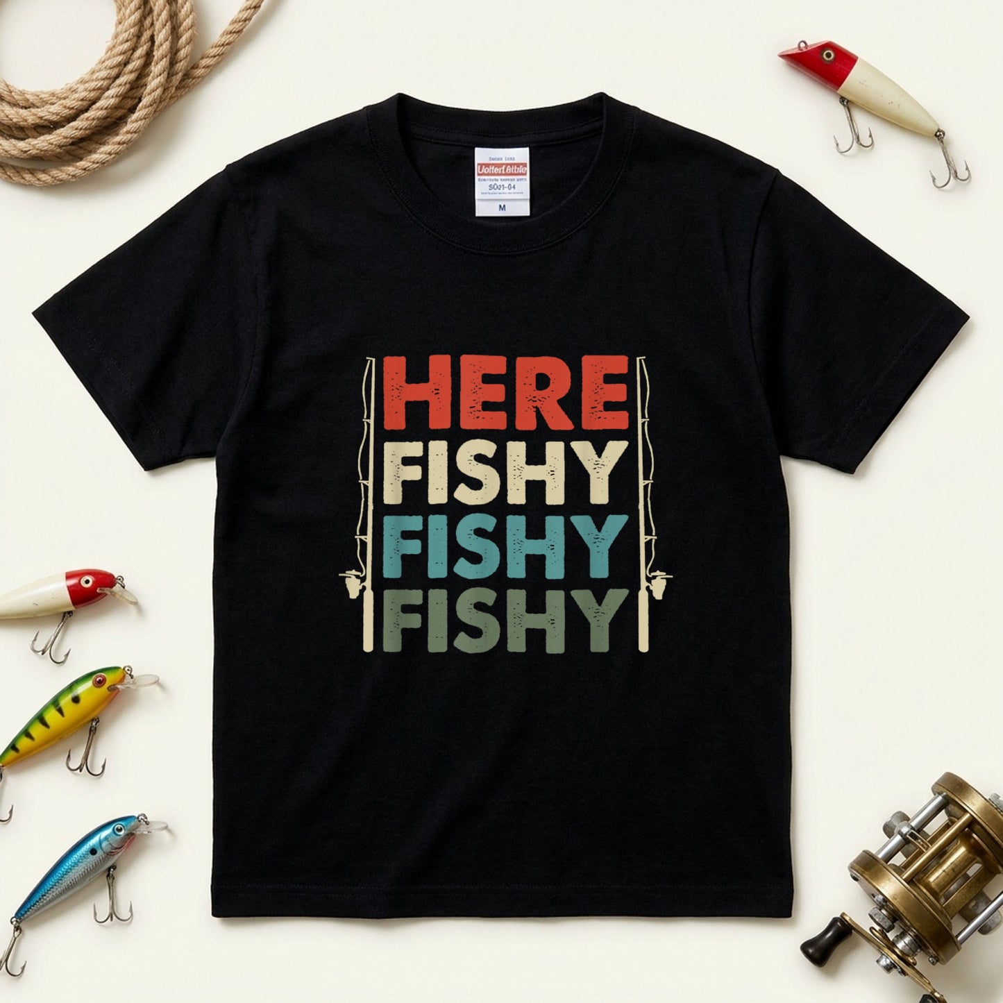 「HERE FISHY FISHY FISHY」釣り Tシャツ - ヴィンテージ ロッド イラスト | 釣り 服 | CASTMODE