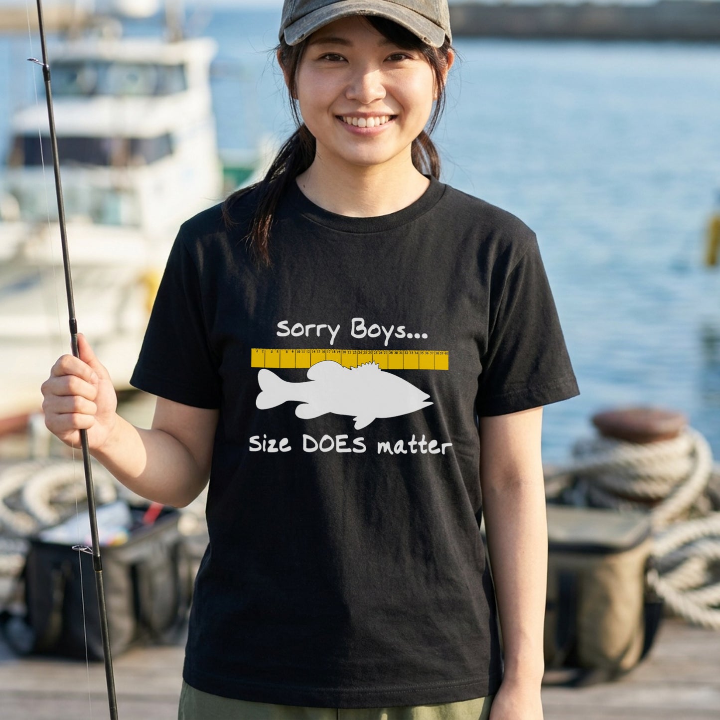 【Sorry Boys... Size DOES matter】おもしろ 釣りジョーク黒Tシャツ | CASTMODE