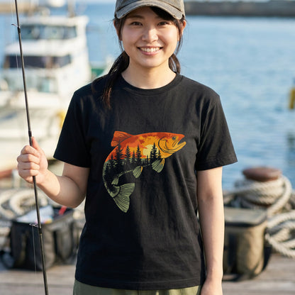 【トラウト×森林サンセット】二重露光風 ネイチャーアート黒Tシャツ | CASTMODE