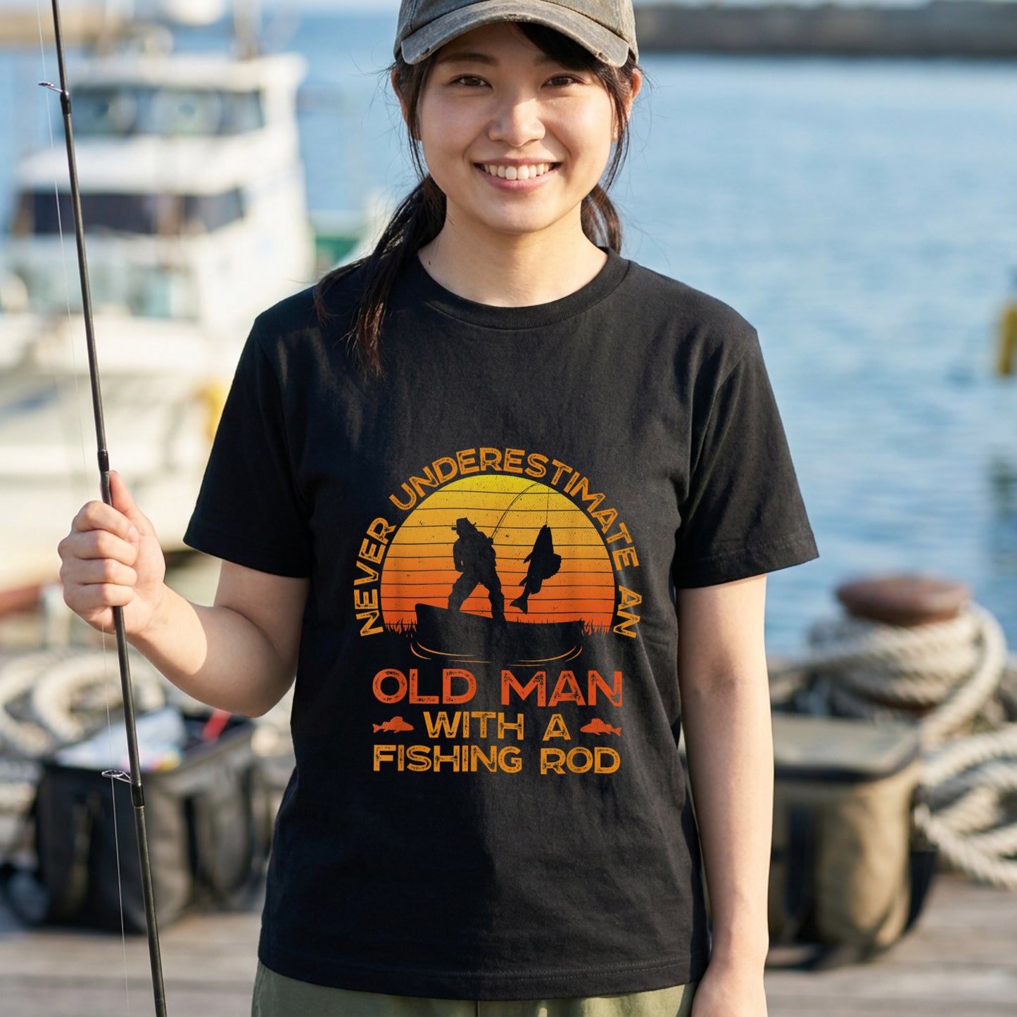 Never Underestimate An Old Man With A Fishing Rod ヴィンテージ風 釣り黒Tシャツ | CASTMODE