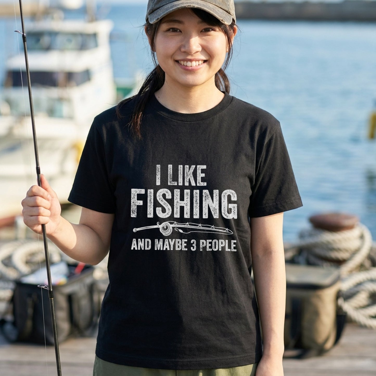 「I LIKE FISHING AND MAYBE 3 PEOPLE」釣りユーモアTシャツ | CASTMODE