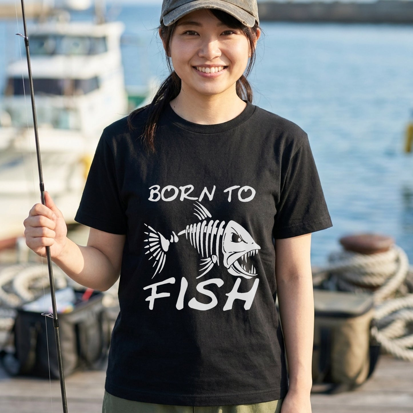 「BORN TO FISH」フィッシュスカル（魚骨）ストリート風黒Tシャツ | CASTMODE