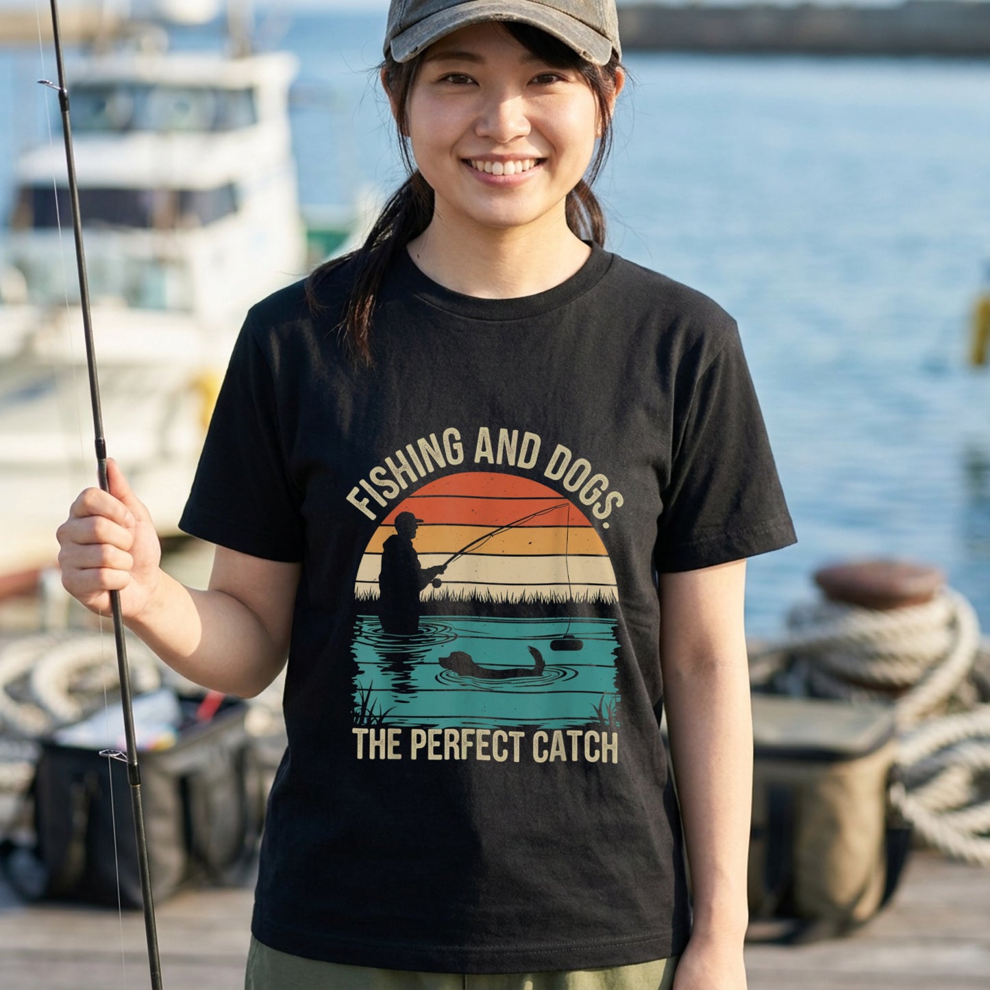 「FISHING AND DOGS」愛犬＆釣り レトロサンセットTシャツ | CASTMODE