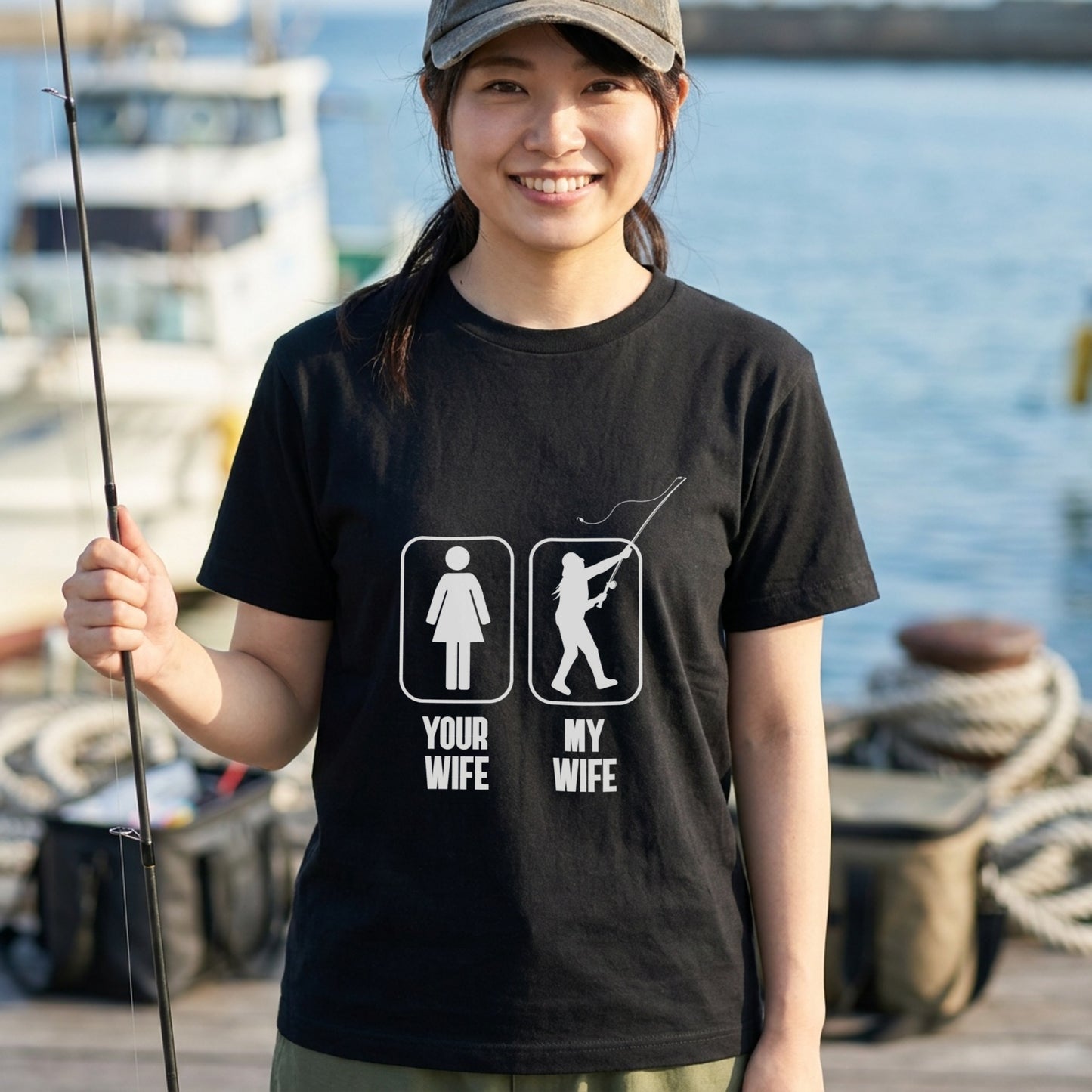 【YOUR WIFE vs MY WIFE】おもしろ 釣りジョーク黒Tシャツ | CASTMODE