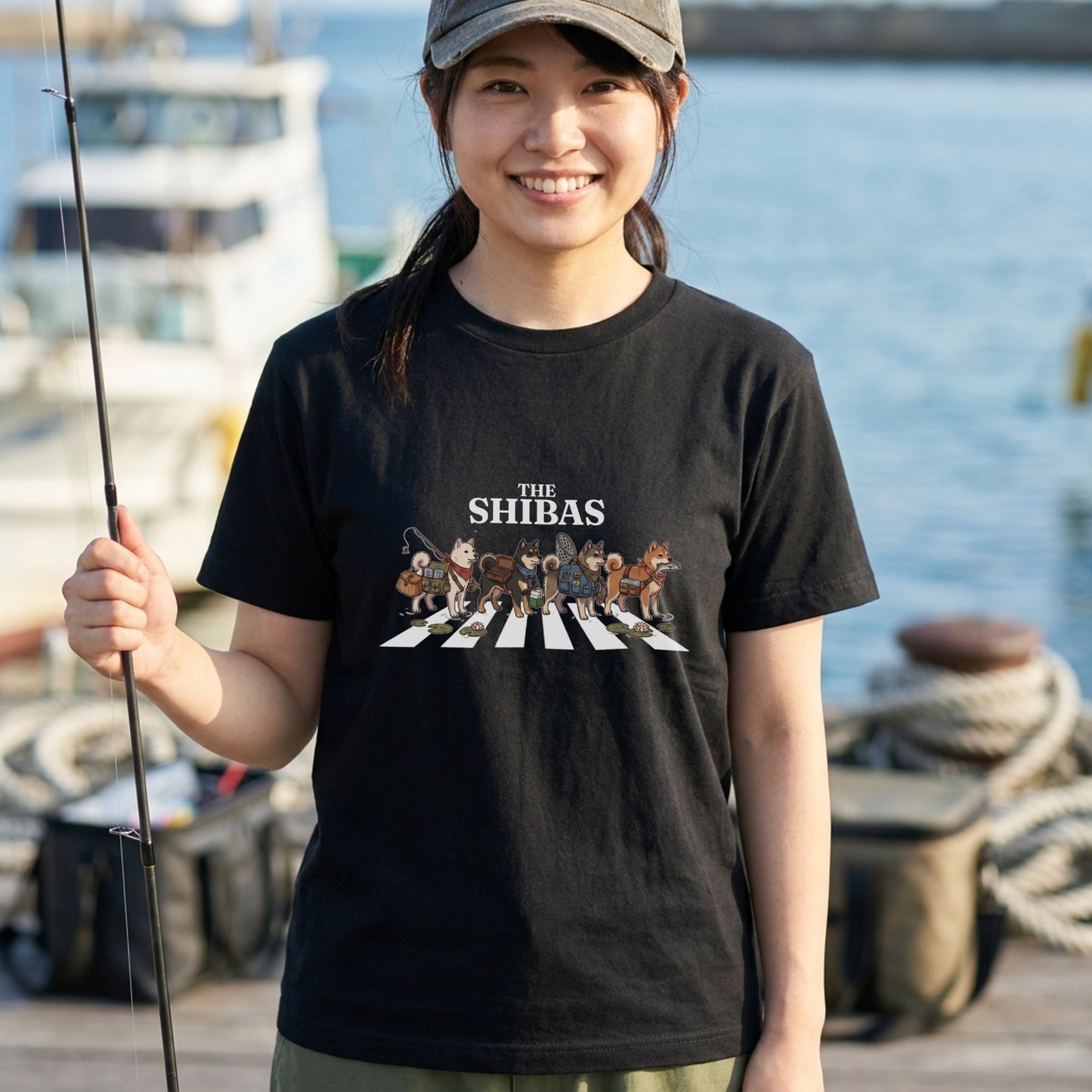 THE SHIBAS | 横断歩道 ゆるかわ 柴犬 フィッシング パロディTシャツ【愛犬家・釣り好き・アウトドア・ギフトに最適】