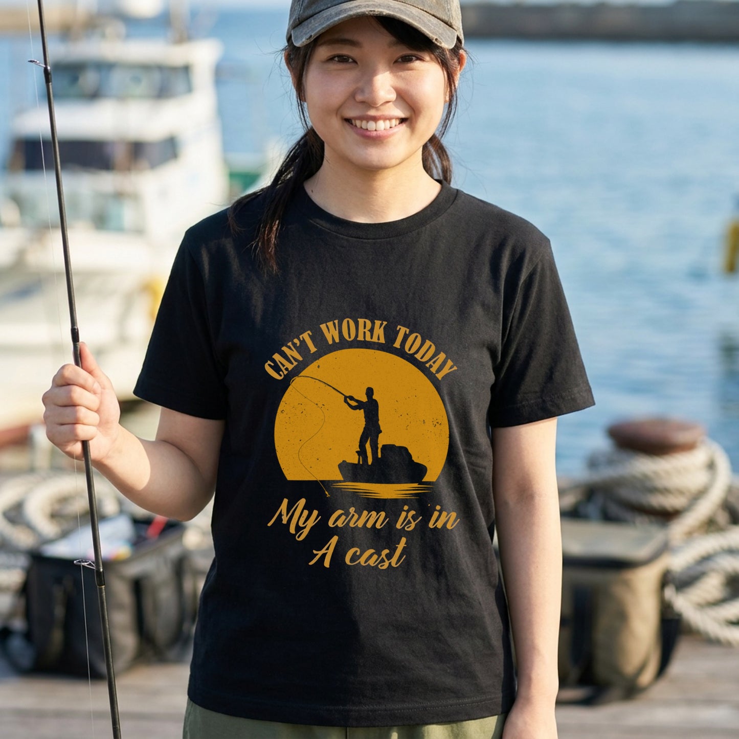 CAN'T WORK TODAY 釣りダジャレ英字 サンセット黒Tシャツ | CASTMODE