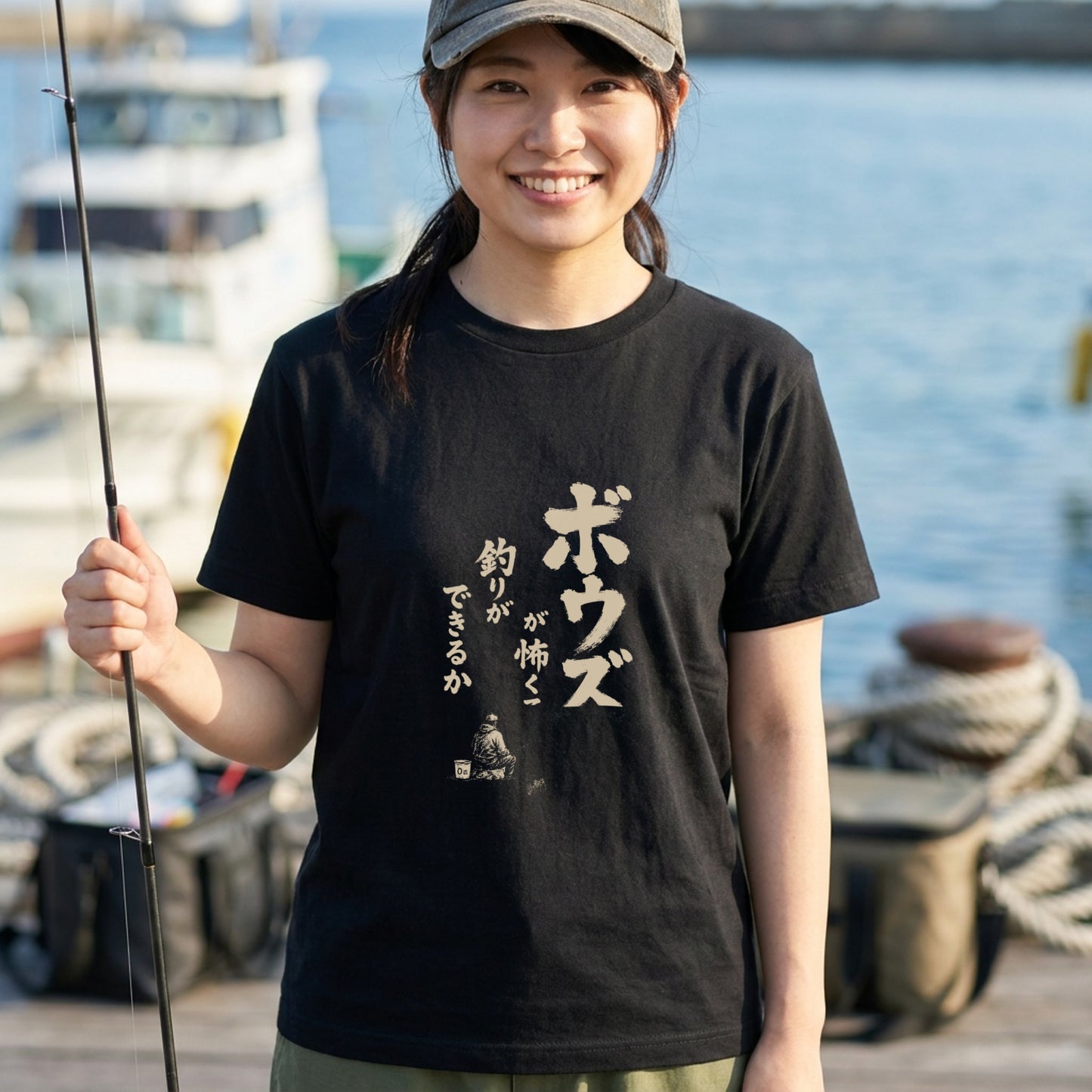 ボウズ覚悟 | 釣り人 漢の背中 墨文字 堤防 魚釣り おもしろ メッセージ Tシャツ【アングラー・フィッシング・磯釣り・父の日・ネタT・プレゼントに最適】