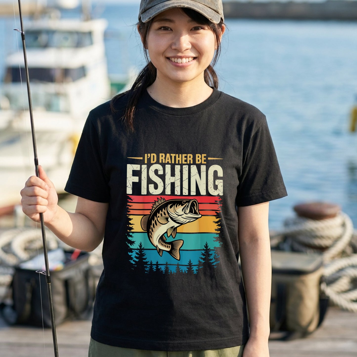 「I'D RATHER BE FISHING」レトロサンセット ブラックバスTシャツ | CASTMODE