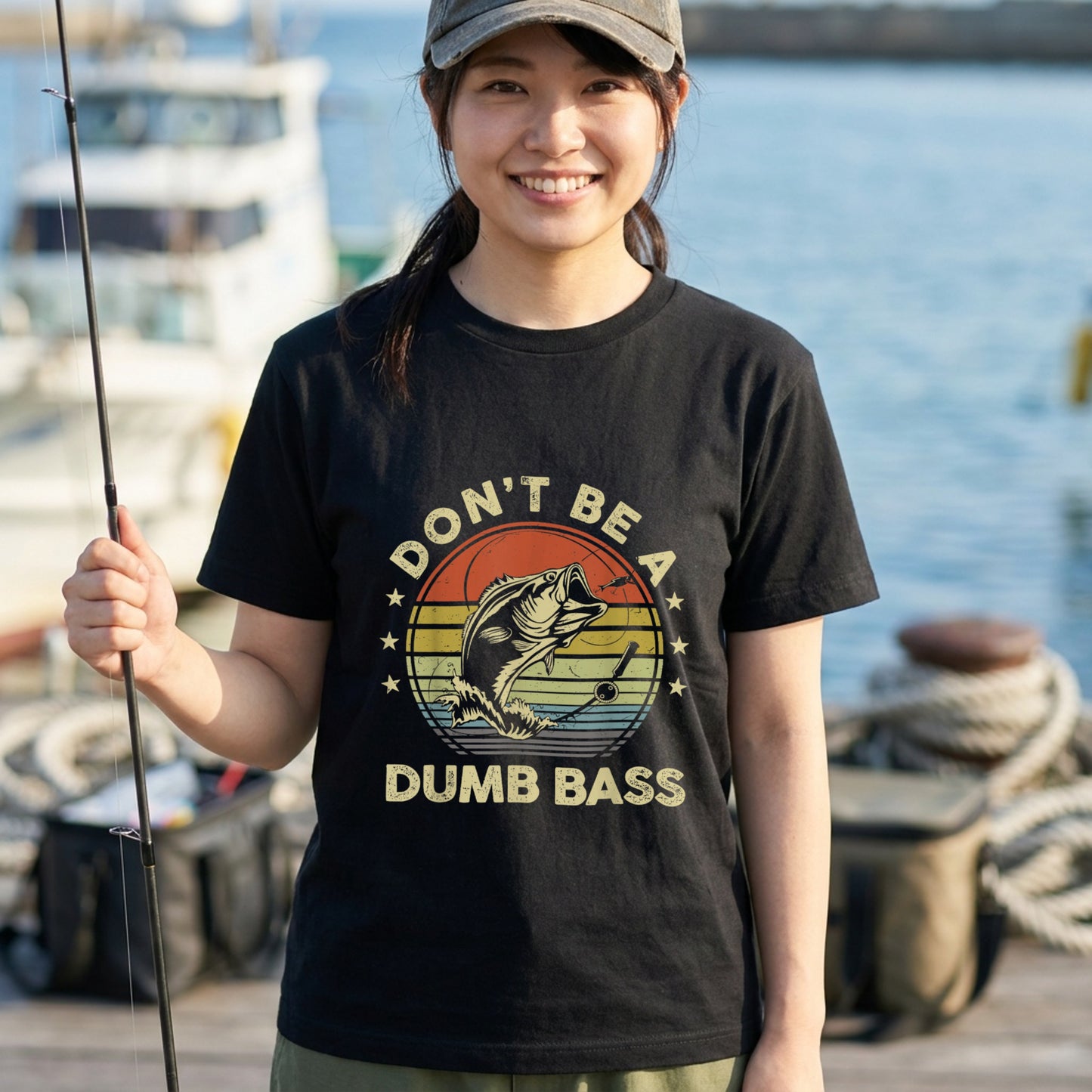 「DON'T BE A DUMB BASS」おもしろ 釣り Tシャツ - ヴィンテージ レトロ | CASTMODE