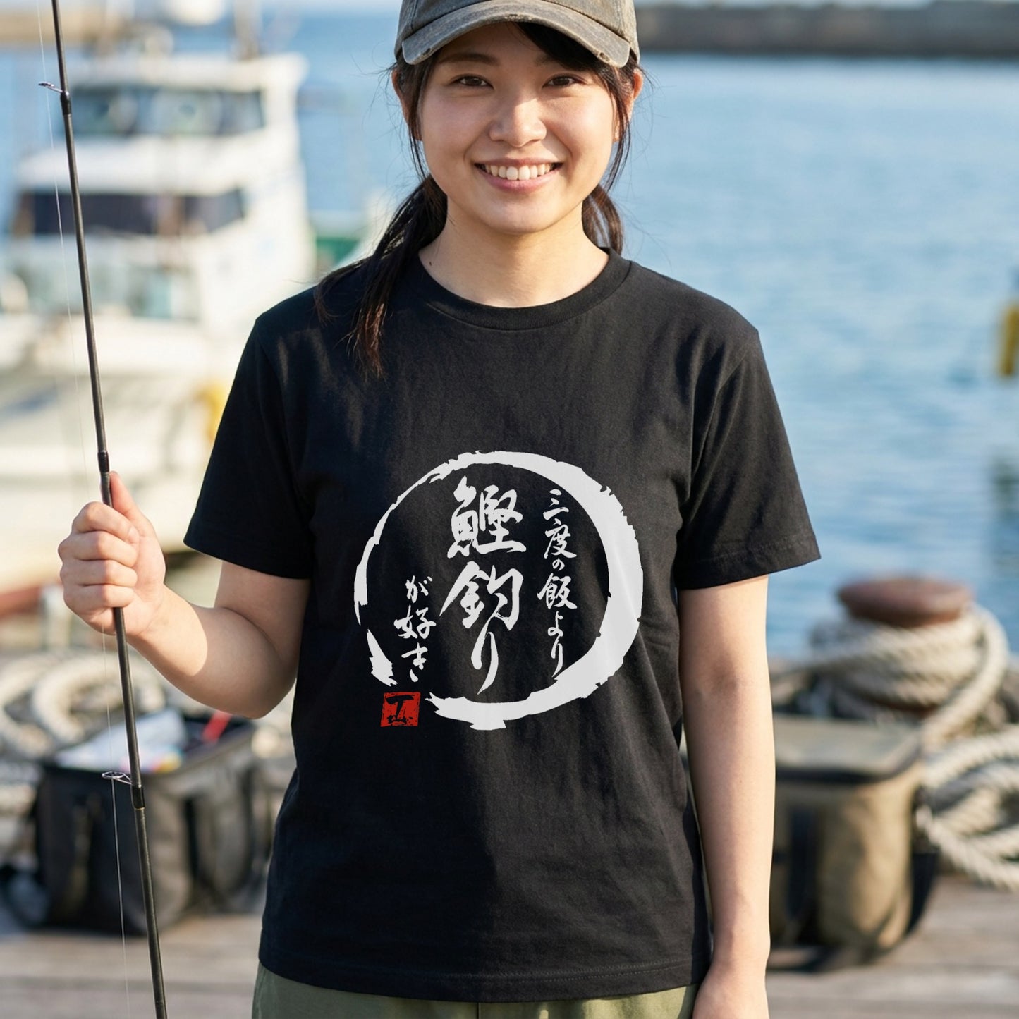 「三度の飯より鰹釣りが好き」和柄 筆文字 漢字黒Tシャツ | CASTMODE
