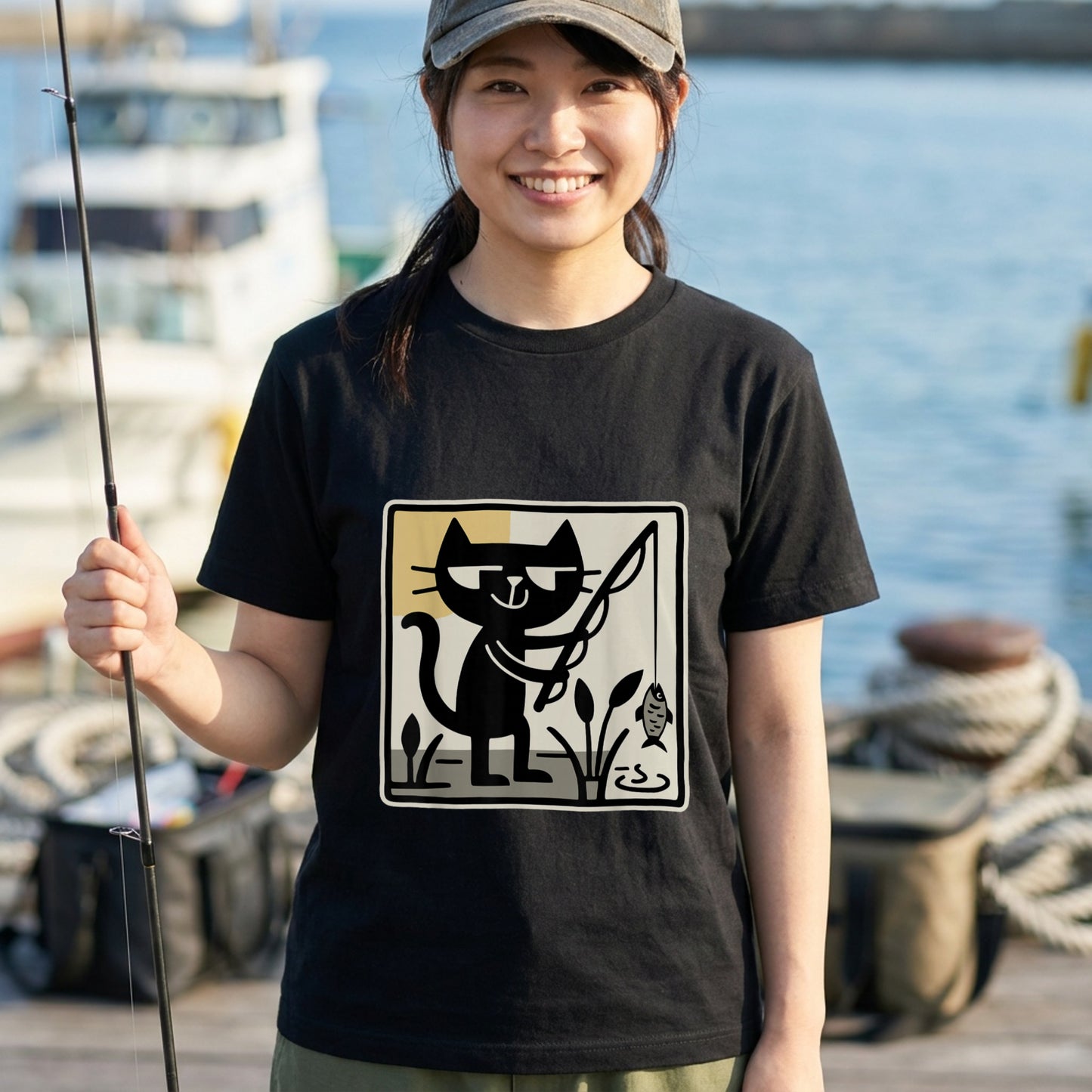 【レトロ黒猫×釣り】ミッドセンチュリー風 黒猫フィッシング アート黒Tシャツ | CASTMODE