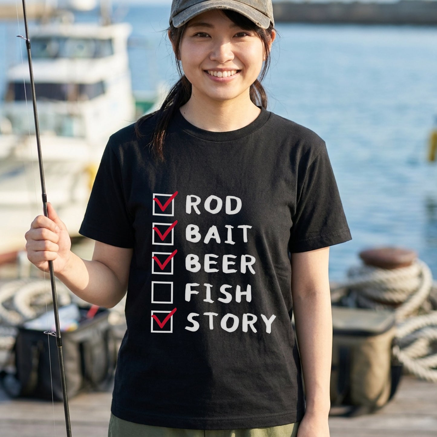 【ROD, BAIT, BEER, FISH, STORY】おもしろ 釣りチェックリスト黒Tシャツ | CASTMODE