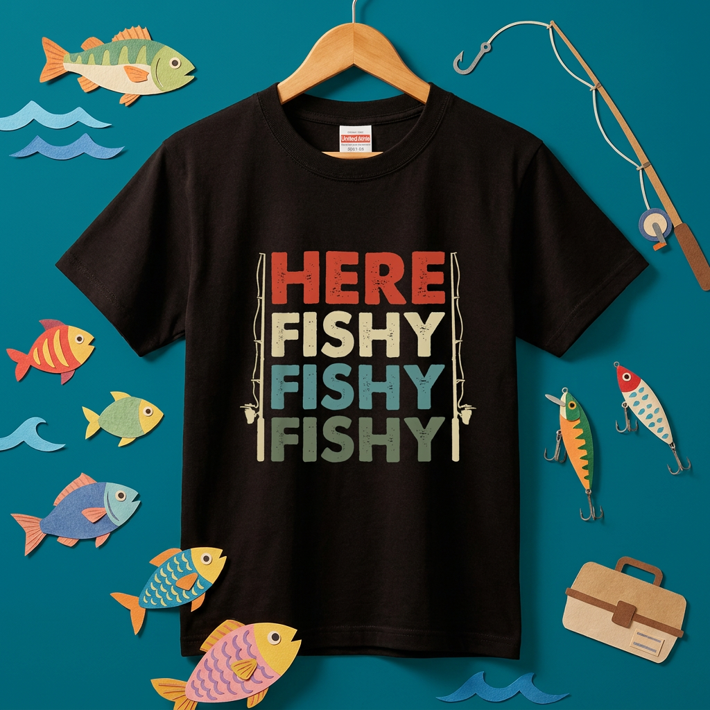 「HERE FISHY FISHY FISHY」釣り Tシャツ - ヴィンテージ ロッド イラスト | 釣り 服 | CASTMODE