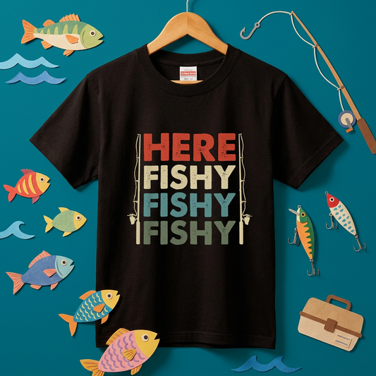 「HERE FISHY FISHY FISHY」釣り Tシャツ - ヴィンテージ ロッド イラスト | 釣り 服 | CASTMODE