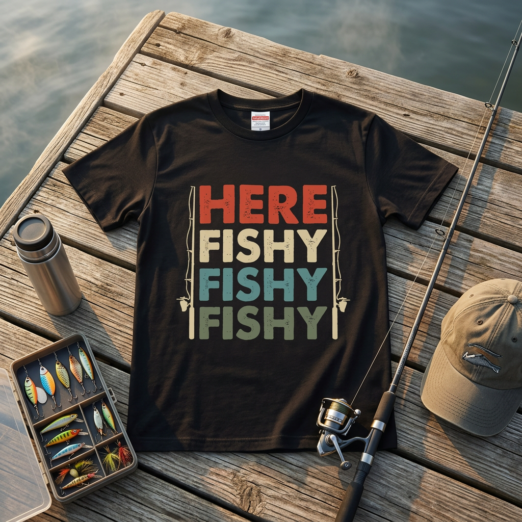 「HERE FISHY FISHY FISHY」釣り Tシャツ - ヴィンテージ ロッド イラスト | 釣り 服 | CASTMODE