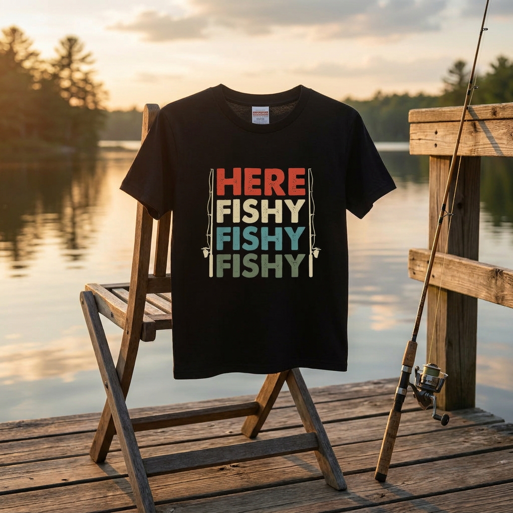 「HERE FISHY FISHY FISHY」釣り Tシャツ - ヴィンテージ ロッド イラスト | 釣り 服 | CASTMODE