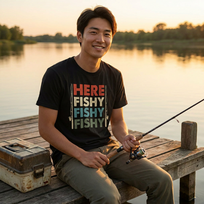 「HERE FISHY FISHY FISHY」釣り Tシャツ - ヴィンテージ ロッド イラスト | 釣り 服 | CASTMODE