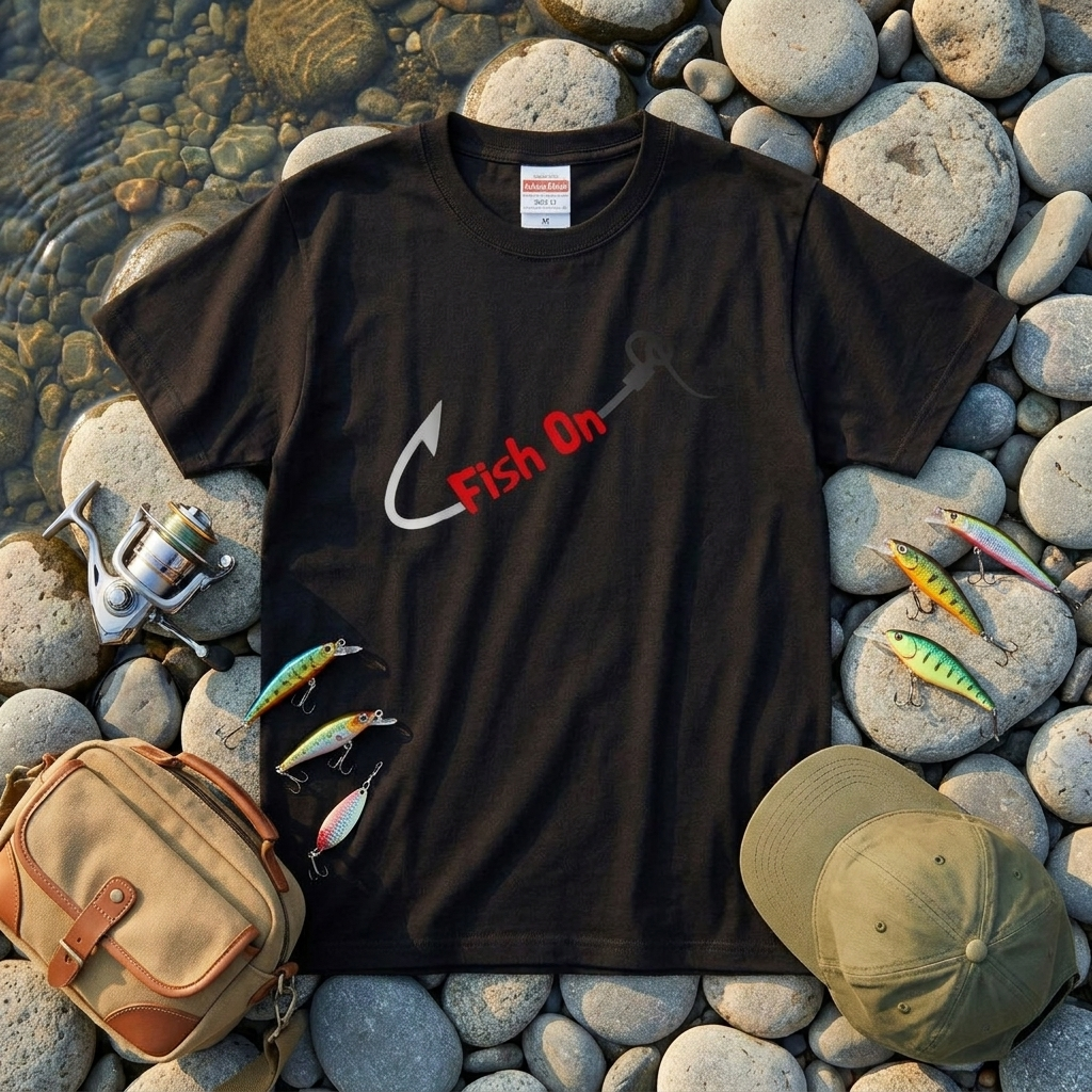 「Fish On」釣り Tシャツ - 釣り針 フック ロゴ グラフィック | 釣り 服 | CASTMODE