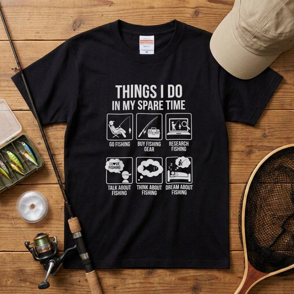 「THINGS I DO IN MY SPARE TIME」おもしろ 釣り Tシャツ - アイコン イラスト | 釣り 服 | CASTMODE