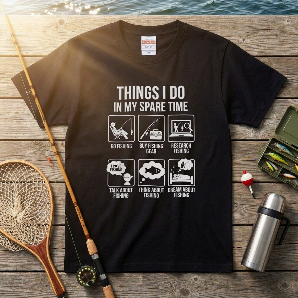 「THINGS I DO IN MY SPARE TIME」おもしろ 釣り Tシャツ - アイコン イラスト | 釣り 服 | CASTMODE