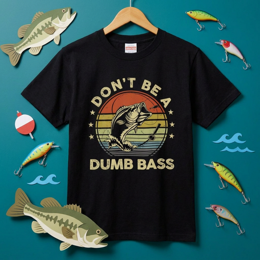 「DON'T BE A DUMB BASS」おもしろ 釣り Tシャツ - ヴィンテージ レトロ | CASTMODE