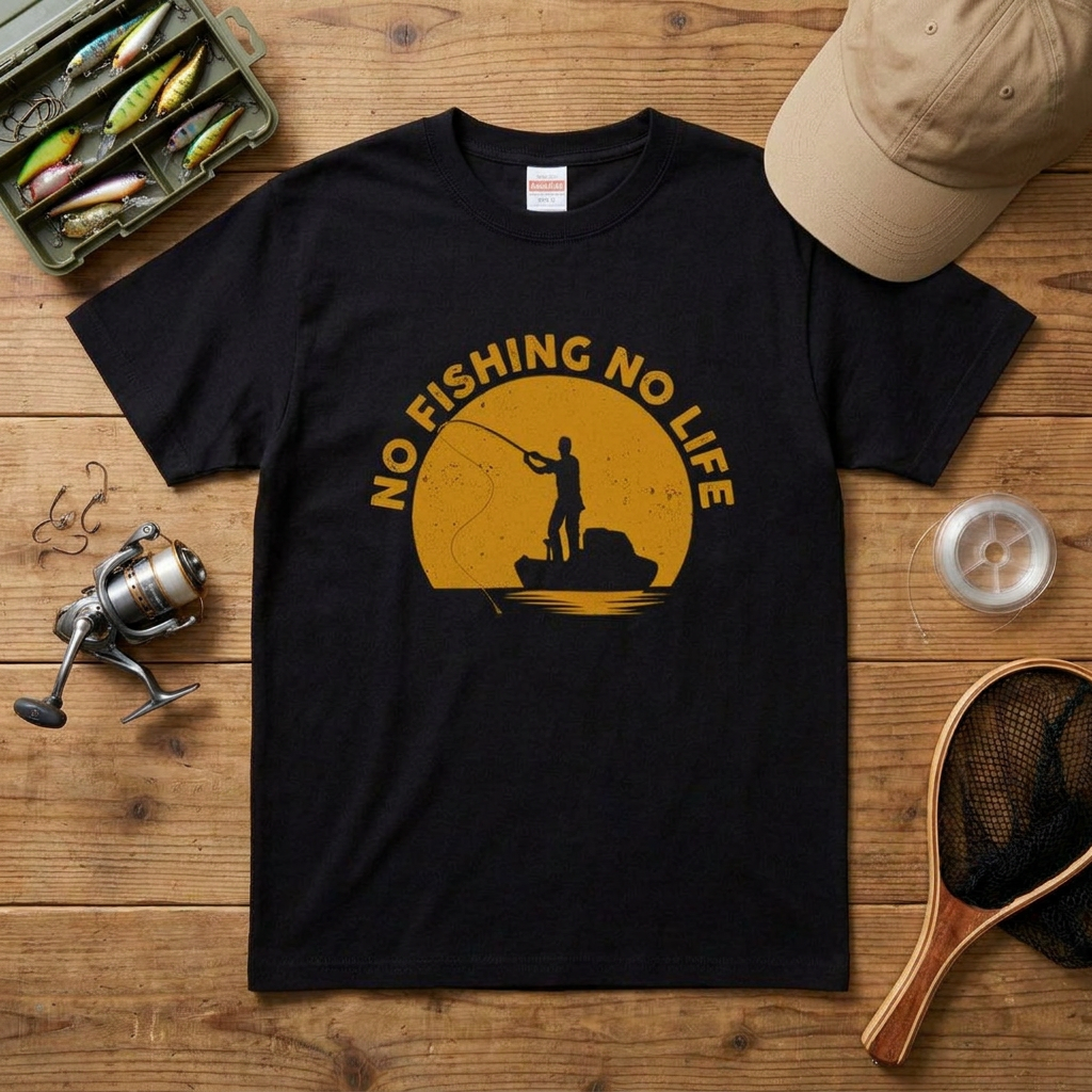 「NO FISHING NO LIFE」夕日の船釣りTシャツ