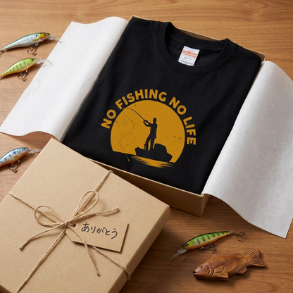 「NO FISHING NO LIFE」夕日の船釣りTシャツ