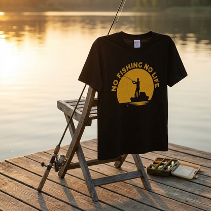 「NO FISHING NO LIFE」夕日の船釣りTシャツ
