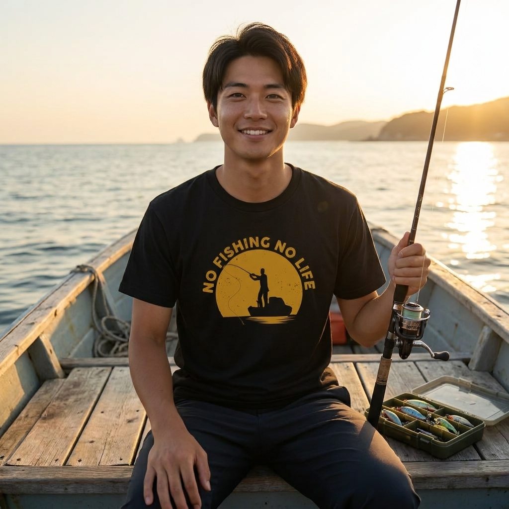 「NO FISHING NO LIFE」夕日の船釣りTシャツ